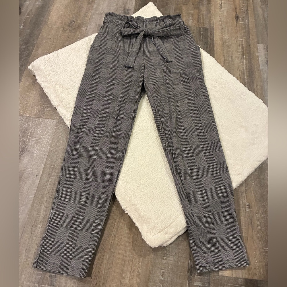 Ambiance Gray Plaid Trousers with Tie-Waist